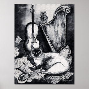 Affiches CHAT MUSICAL, HIBOU, VIOLON, HARPE Noir Blanc Gris
