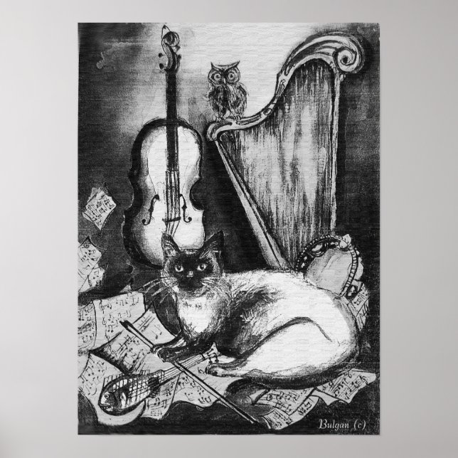 Affiches CHAT MUSICAL, OWL, VIOLIN, HARP Black White Grey M (Devant)