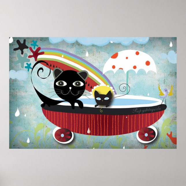 Affiches Chat noir Bathtube rouge (Devant)
