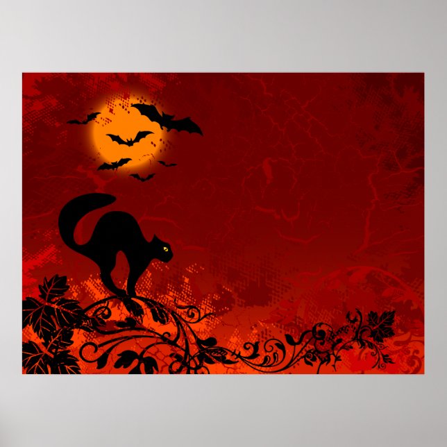 Affiches Chat noir et chauve-souris d'Halloween (Devant)