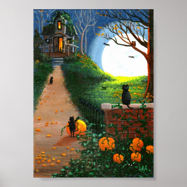 Affiches Chat Noir Funny Haunted Maison Arbres Créationarts (Devant)