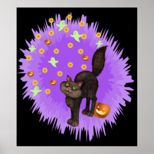 Affiches Chat noir mignon Halloween Étoile violette éclate