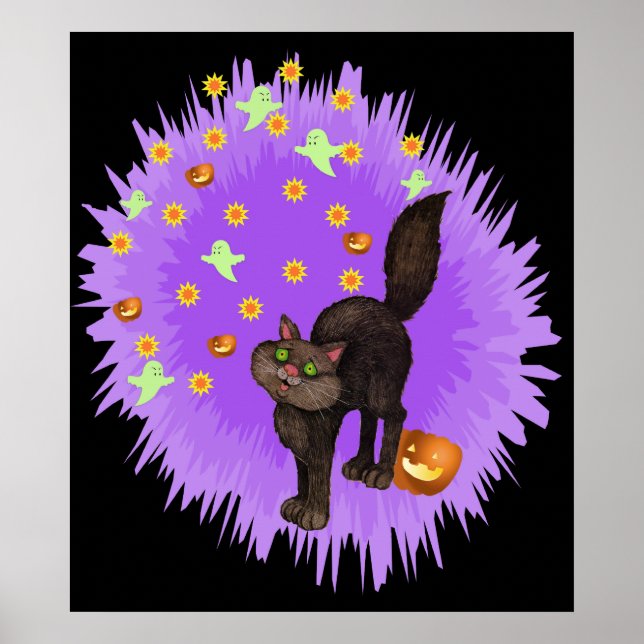 Affiches Chat noir mignon Halloween Étoile violette éclate (Devant)