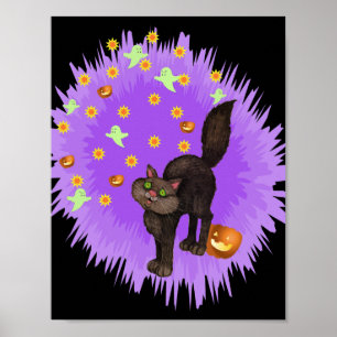 Affiches Chat noir mignon Halloween Étoile violette éclate