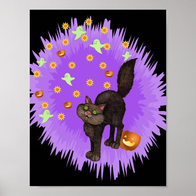 Affiches Chat noir mignon Halloween Étoile violette éclate (Devant)