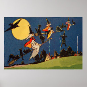 Affiches Chat noir sorcière volant lune corbeau