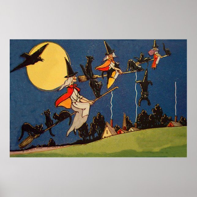 Affiches Chat noir sorcière volant lune corbeau (Devant)