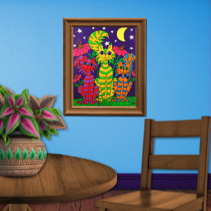 Affiches Chats Lune Colorée Art folklorique