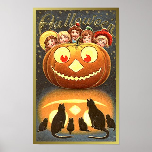 Affiches Chats regarder les enfants et Citrouille Halloween (Devant)