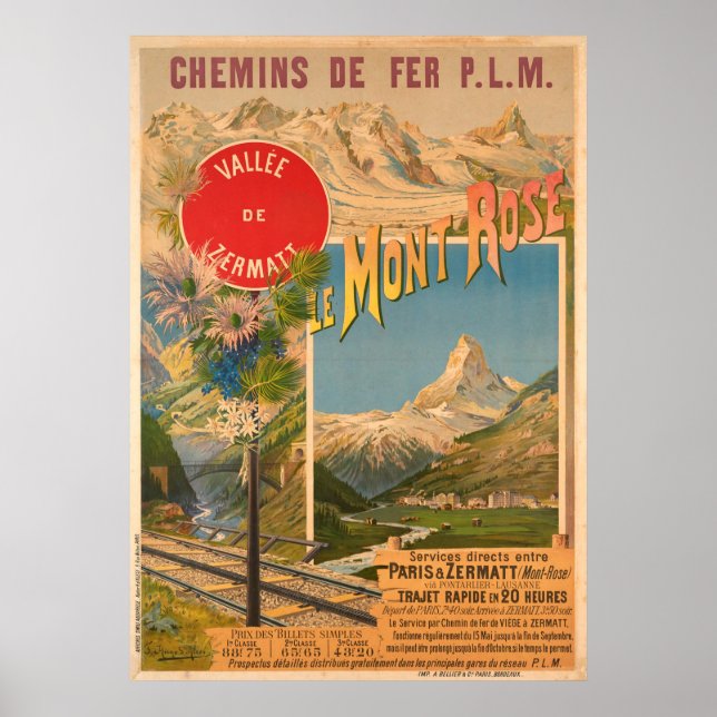 Affiches Chemins de fer P.L.M Le Mont Rose Vallée de (Devant)