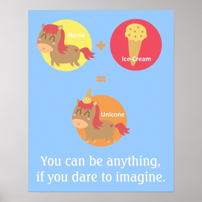 Affiches Cheval Brown Kawaii essayant d'être une licorne (Devant)