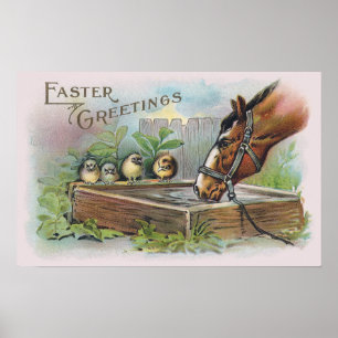 Affiches Cheval et poussins Vintage Pâques