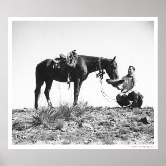 Affiches Cheval mangeant du casquette d'un cowboy.