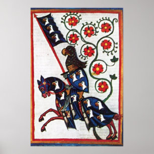 Affiches CHEVALIER BLEU À CHEVAL Miniature médiévale
