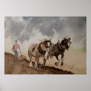 Affiches Chevaux de trait labourant sous un ciel lourd