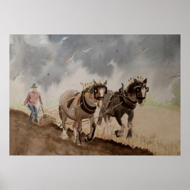 Affiches Chevaux de trait labourant sous un ciel lourd (Devant)