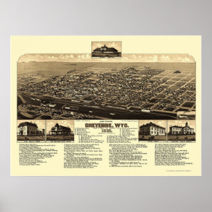 Affiches Cheyenne, carte panoramique de WY - 1882