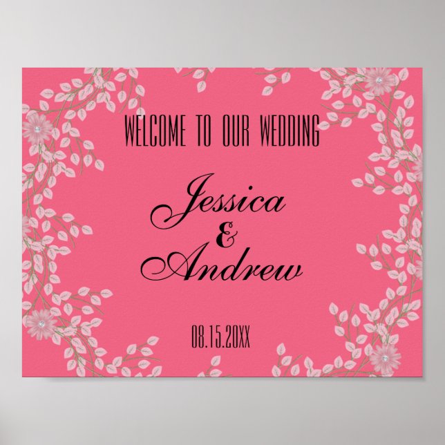 Affiches Chic Fleurs Roses et Perles Mariage Bienvenue (Devant)