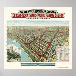 Affiches Chicago a élevé des trains, la carte panoramique