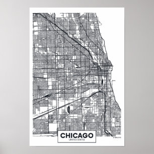 Affiches Chicago, Illinois Carte de la ville noire et bla