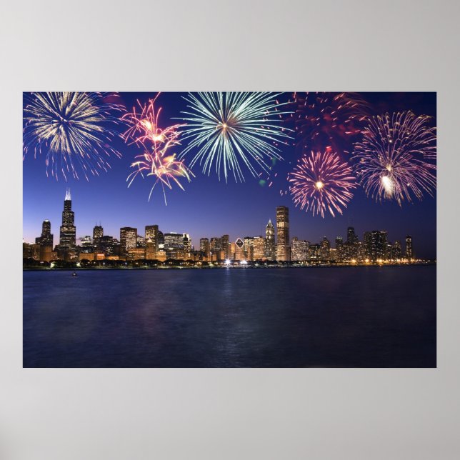 Affiches Chicago Skyline avec Fireworks Print (Devant)
