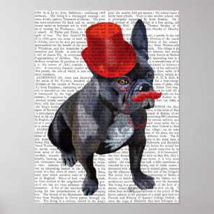 Affiches Chien à tête rouge avec chapeau rouge et moustache