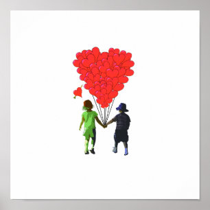 Affiches Children holding hands & heart shaped balloons
