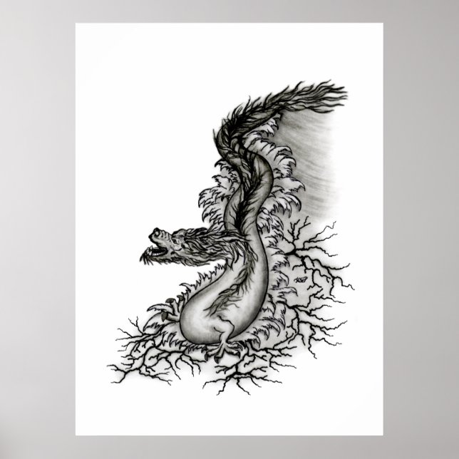 Affiches Chine Dragon, noir et blanc Design en Tattoostyl (Devant)