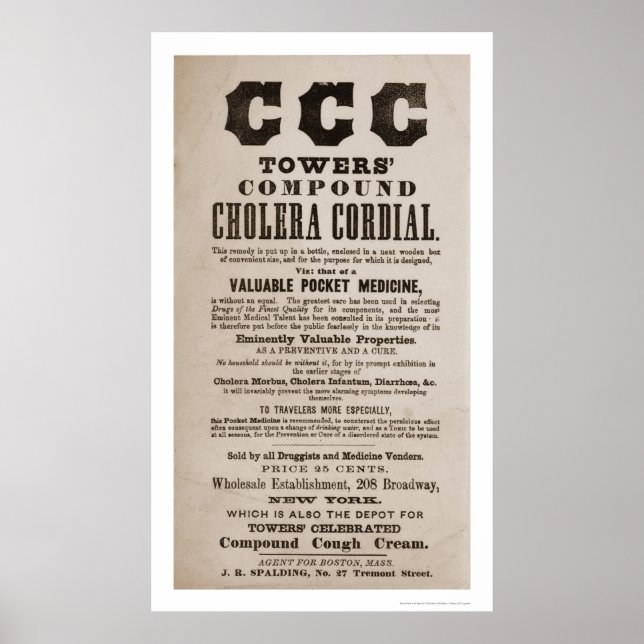 Affiches Cholera Medicine Broadside Print 1870 (Devant)