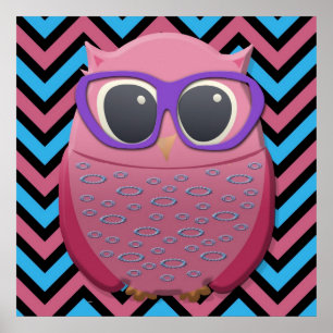 Affiches Chouette Rose Mignonne avec des Lunettes sur une A