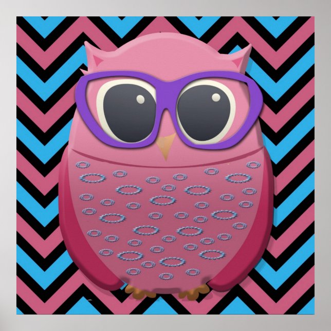 Affiches Chouette Rose Mignonne avec des Lunettes sur une A (Devant)