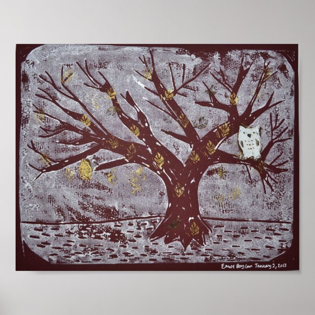 Affiches Chouette sur un arbre neigeux (Devant)