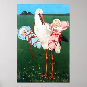 AFFICHES CIGOGNE JUMEAUX GARÇON ET FILLE BABY SHOWER MONOGR