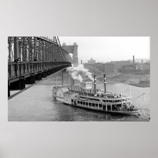 Affiches Cincinnati Suspension Bridge et Steamboat 1906 BW