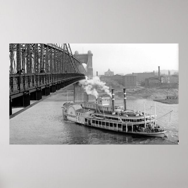 Affiches Cincinnati Suspension Bridge et Steamboat 1906 BW (Devant)