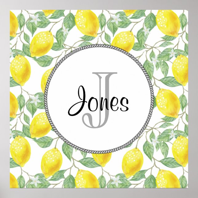Affiches Citrons jaunes avec Monogramme Motif vert (Devant)