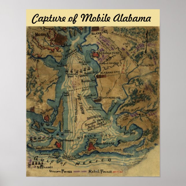 Affiches Civil War - Capture of Mobile Alabama - Map (Devant)