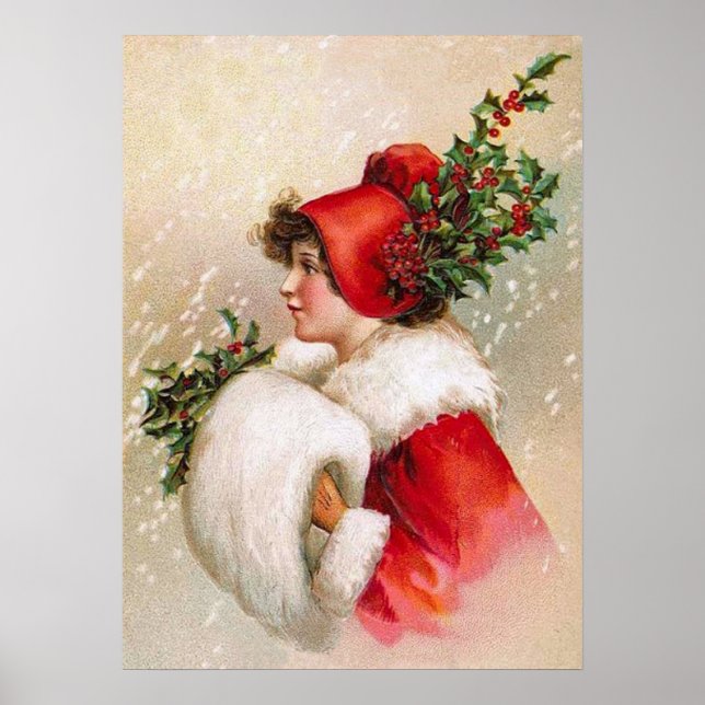 Affiches Clapsaddle : Fille d'hiver avec Casquette Holly (Devant)
