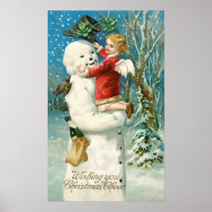 Affiches Clapsaddle : Snowman avec fille ange