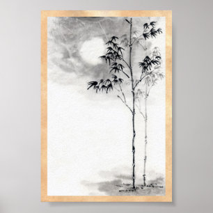 Affiches Classic  japanese sumi-e painting art bamboo moon