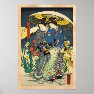 Affiches Classic vintage ukiyo-e two geishas with umbrella