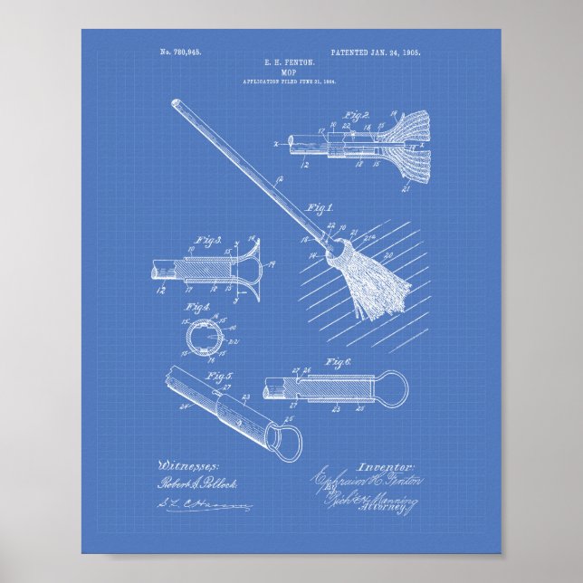 Affiches Cleaning Mop 1905 Patent Art Blueprint (Devant)