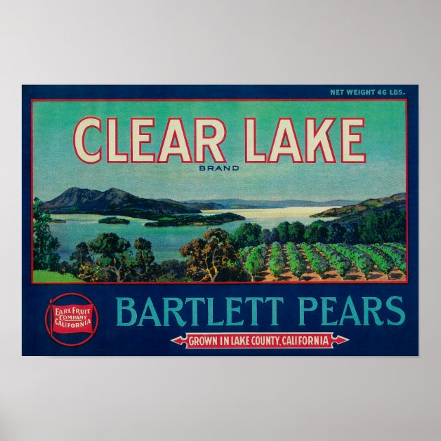 Affiches Clear Lake Pear Crate LabelLake County, CA (Devant)