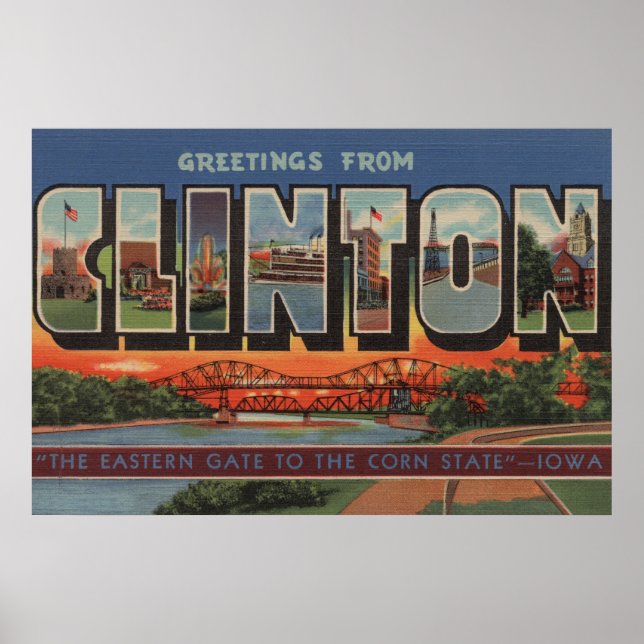 Affiches Clinton, IowaGrandes lettres ScènesClinton, IA (Devant)