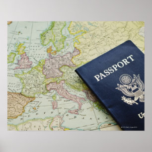 Affiches Close-up of passport lying on European map
