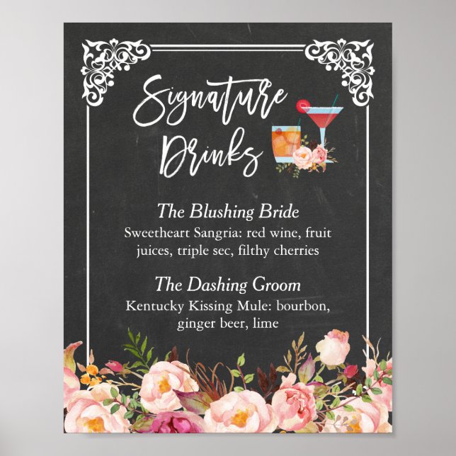 Affiches Cocktail signature Floral Chalkboard Mariage (Devant)