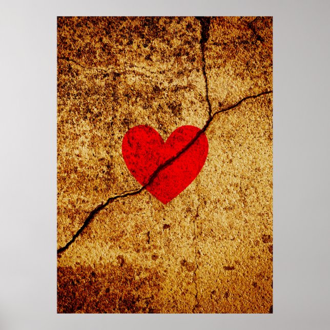 Affiches Coeur de Saint-Valentin rouge sur un mur fissuré (Devant)
