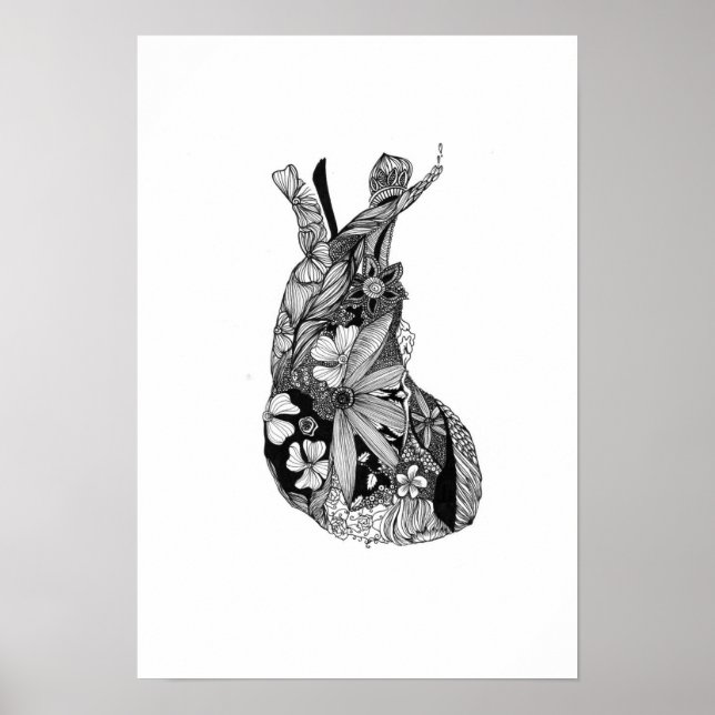 Affiches Coeur floral noir et blanc (Devant)