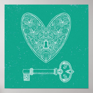 Affiches Coeur verrouillé et clé sur Arrière - plan vert ém