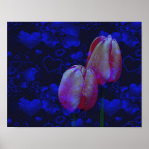 Affiches Coeurs Bleus Électriques Et Tulipes Roses Art Flor